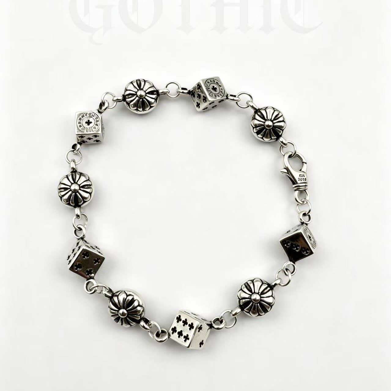 Chrome Hearts Sterling Silver Dice and Flower Charm Bracelet